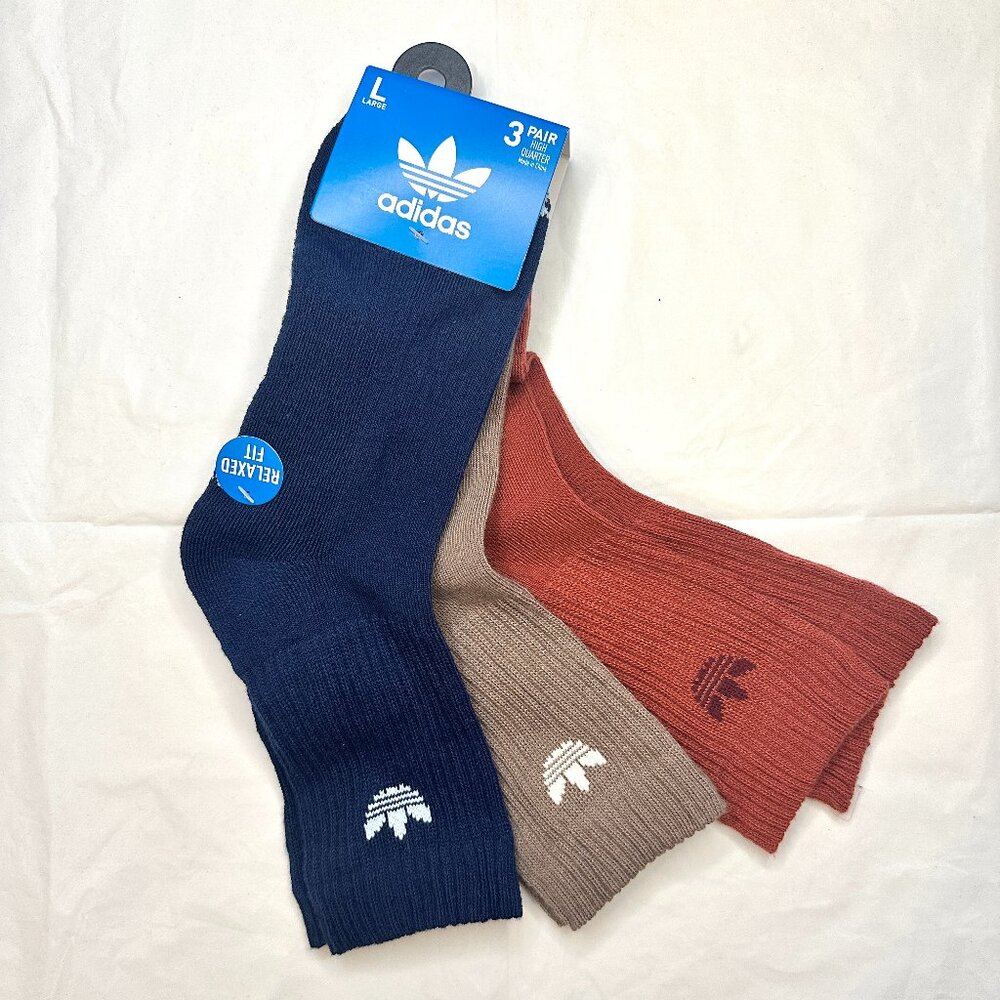 NEW 3 Pairs Adidas Cushioned Mens 8-12 L High Quarter Socks Red/Blue/Khaki Sport